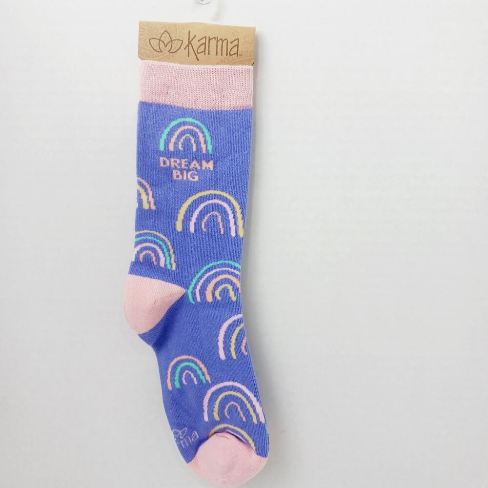 Women Boy Sock Crew Karma Dream Big Rainbow Gift Cotton Blue Pink Yellow NWT NEW